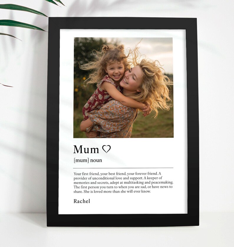 A colour photo with a description of 'Mum' and customisable name below, presented in a black frame.