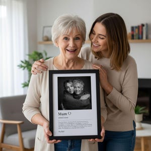 An older woman and younger lady holding a black frame showing a black & white photo and description of 'Mum' below with customisable name.