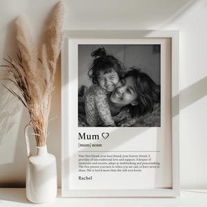 A black & white photo with a description of 'Mum' below and  customisable name, presented in a white frame.