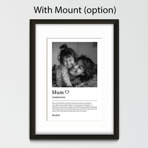 A photo with a description of 'Mum' and customisable name below, presented in a black frame with an additional option of a white mount.