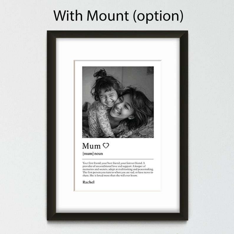 A photo with a description of 'Mum' and customisable name below, presented in a black frame with an additional option of a white mount.