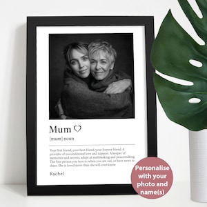 A black and white photo with a description of 'Mum' below and customisable name, presented in a black frame.