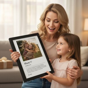 A woman and female child holding a black frame showing a photo and description of 'Mum' and customisable name below.