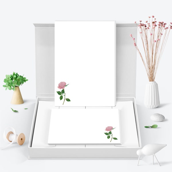 Stationery Gift Set - Themed Pink Rose Floral Stationary/Penpal Box/Kit - Cool A5 Cute Boxed Letter Writing Set Paper and Envelopes