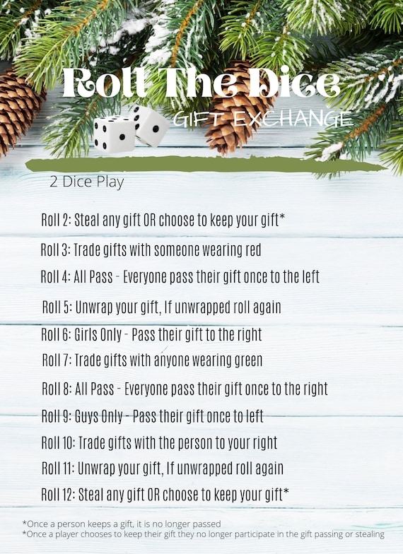 Roll the Dice Gift Exchange Printable Virtual White Elephant 