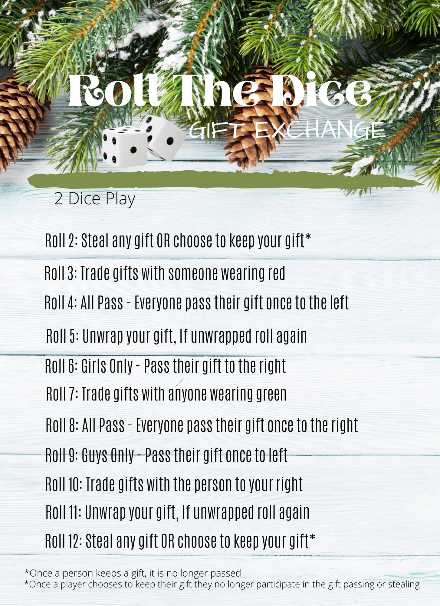 Christmas Gift Exchange Dice Game Printable, White Elephant Holiday Gift  Swap Family Group Party Game For Christmas Party, Roll the Dice