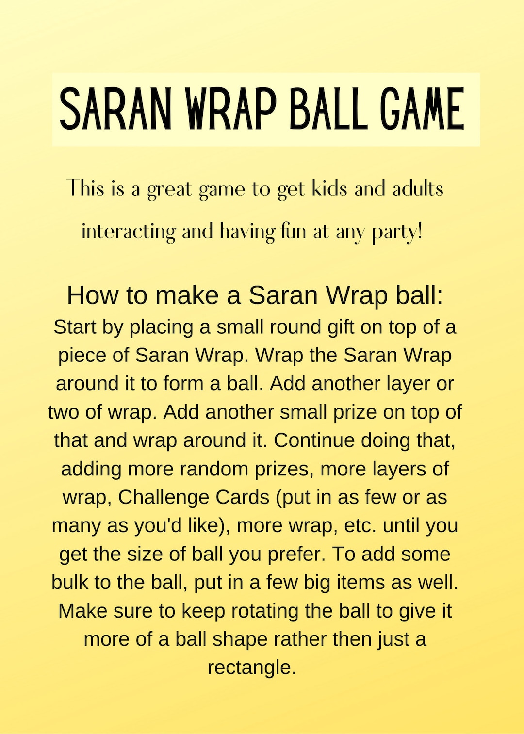 Holiday Party Game, Saran Wrap Ball Game, Printable Party Games