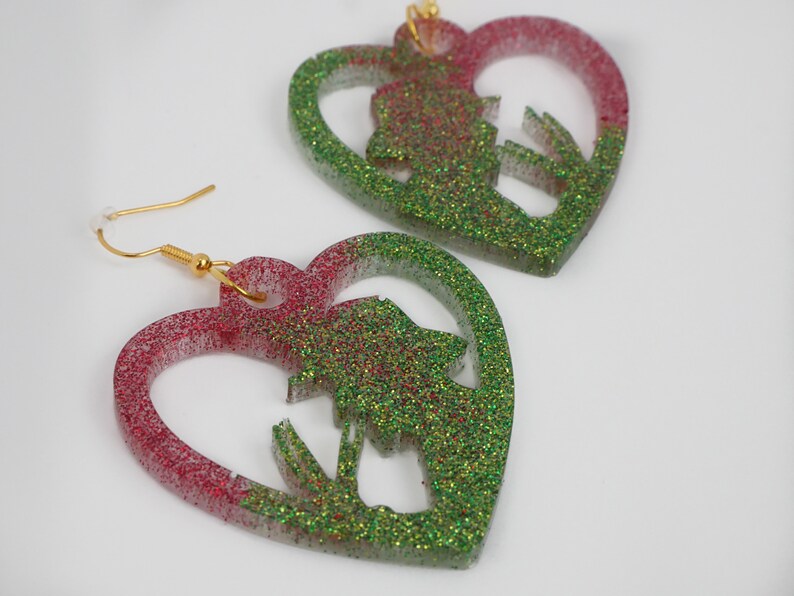 Red And Green Glitter Freddy Krueger Sweater Inspired DangleDrop Heart Resin Earrings
