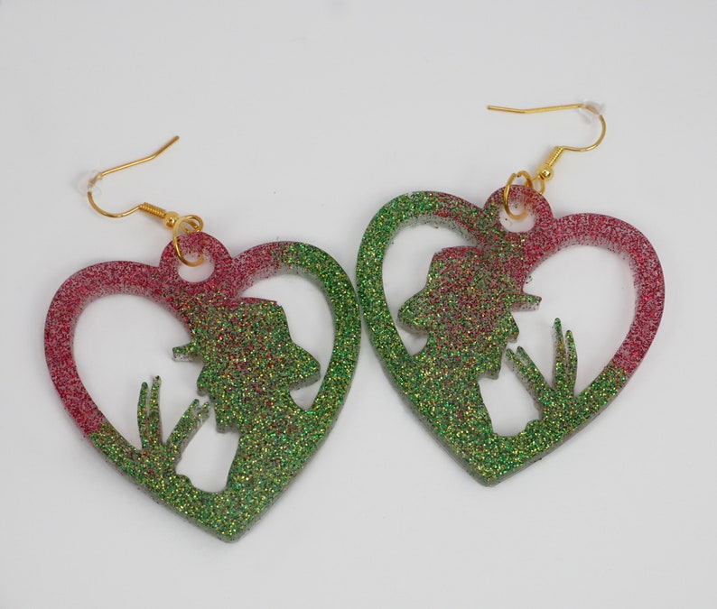 Red And Green Glitter Freddy Krueger Sweater Inspired DangleDrop Heart Resin Earrings