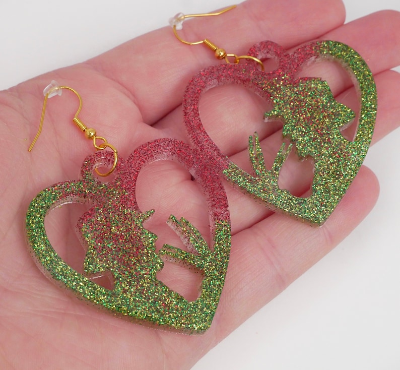 Red And Green Glitter Freddy Krueger Sweater Inspired DangleDrop Heart Resin Earrings