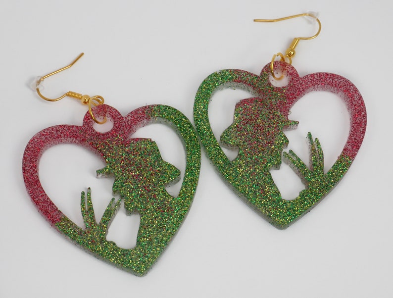 Red And Green Glitter Freddy Krueger Sweater Inspired DangleDrop Heart Resin Earrings