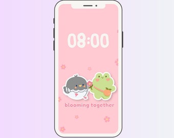 Blooming Together | Digital Phone Wallpaper Background | Kawaii Frog Pigeon IPhone Wallpapers |  Cute Digital Download | Wallpaper