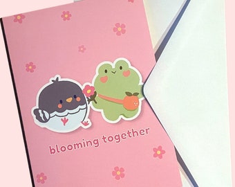 Blooming Together Greeting Card | Envelope included  | Cute Animal Pigeon Frog Card | Love Card | Postcard Art | Valentines Card | A6 Size