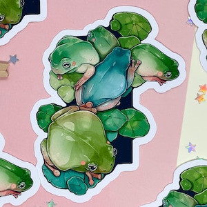 Frog Pile Vinyl Big Sticker Cute Green Frogs on Lily Pads Waterproof Glossy Frog Sticker for LaptopJournal, Hydro Flask, Stationery Lovers