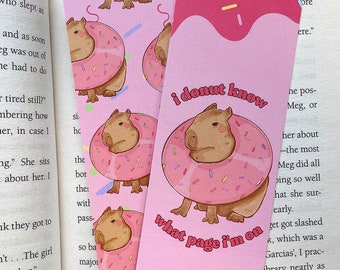 Signet Capybara | Jeu de mots beignet | Marque-page mignon | Double imprimé | Cottagecore | Amoureux des livres | Papeterie Capybara Kawaii | Accessoires de lecture