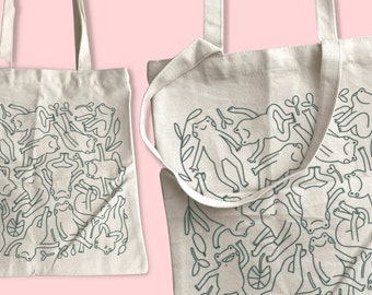 Frog Moods Tote Bag | Cute Frog Pattern Print | Screen Printed | Cotton Totebag | Grocery Bag | Jute Bag | Toad Accessories | Art Bag