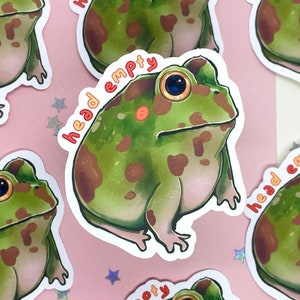 Hoofd lege kikker sticker geen gedachten meme schattige woordspeling Ceratophrys sticker laptop waterfles vinyl sticker Zuid-Amerikaanse gehoornde