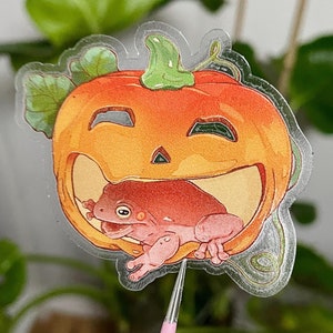 Puede incluir: Una pegatina transparente con una ilustración de dibujos animados de una calabaza con una cara sonriente. Una pequeña rana está sentada dentro de la boca de la calabaza.