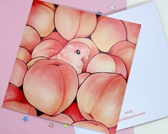 Bird or Peach Pile | Art Print | Bird Card with Peaches Eco Friendly | Postcard | Greeting Card  | Double Printed