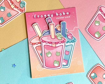 Froggy Boba | Sticker Pack | Frog Stickers | Holographic | Boba Tea | Kawaii | Vinyl Sticker | Pack of 4 | Cute Sticker | Waterproof