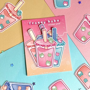 Frosch Boba | Aufkleber | Aufkleber Frosch | Holographisch | Boba Tee | Kawaii | Vinyl-Aufkleber | 4er Pack | Niedliche Sticker | Wasserfest