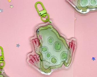 Lily Pad Frog Shaker Keycharm | Accessoires clés | Porte-clés de charme acrylique | Fermoir | Porte-clés crapaud | Époxy | Double face | Amoureux des grenouilles