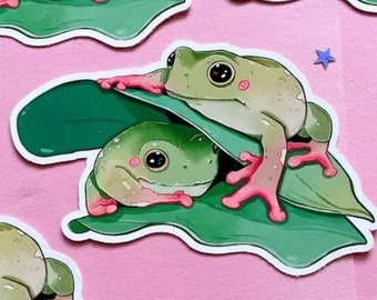 Pegatina de ranas acurrucándose / Rana bebé adorable / Pegatina de rana arbórea blanca / Calcomanía de sapo / Troquelada / Pegatina para portátil / Pegatina de vinilo / Pegatina decorativa