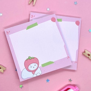 Erdbeer Katze Notizblock Niedliches Memo Pad Planer Accesories Kawaii Briefpapier Journal scrapbooking Handgemachte Ästhetisches Briefpapier Bild 1