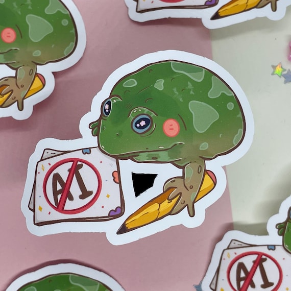 No AI Frog Sticker, Human Artist Support Vinyl Sticker, Anti Artificial Intelligence Statement Sticker, Cute Frog Artist, Laptop Sticker