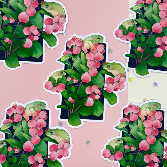 Frog & Berries Matte Vinyl Sticker Cottagecore Frog Sticker for Journals Laptops Waterbottles, Aesthetic Kawaii Cottagecore Frog Decal