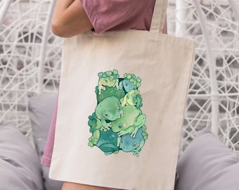 Frog Garden Tote Bag | Botanical Frog Heat Press Print | 100% Cotton | Grocery Bag | Jute Bag | Frog Toad Accessories | Frog Lover | Art Bag