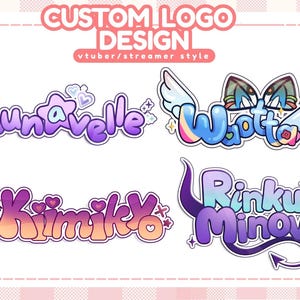 May include: Custom logo designs for streamers and VTubers. The image features four colorful logo designs with names like "Lunavelle" and "Wotta" in a playful, cartoon style. The text "CUSTOM LOGO DESIGN" is at the top.