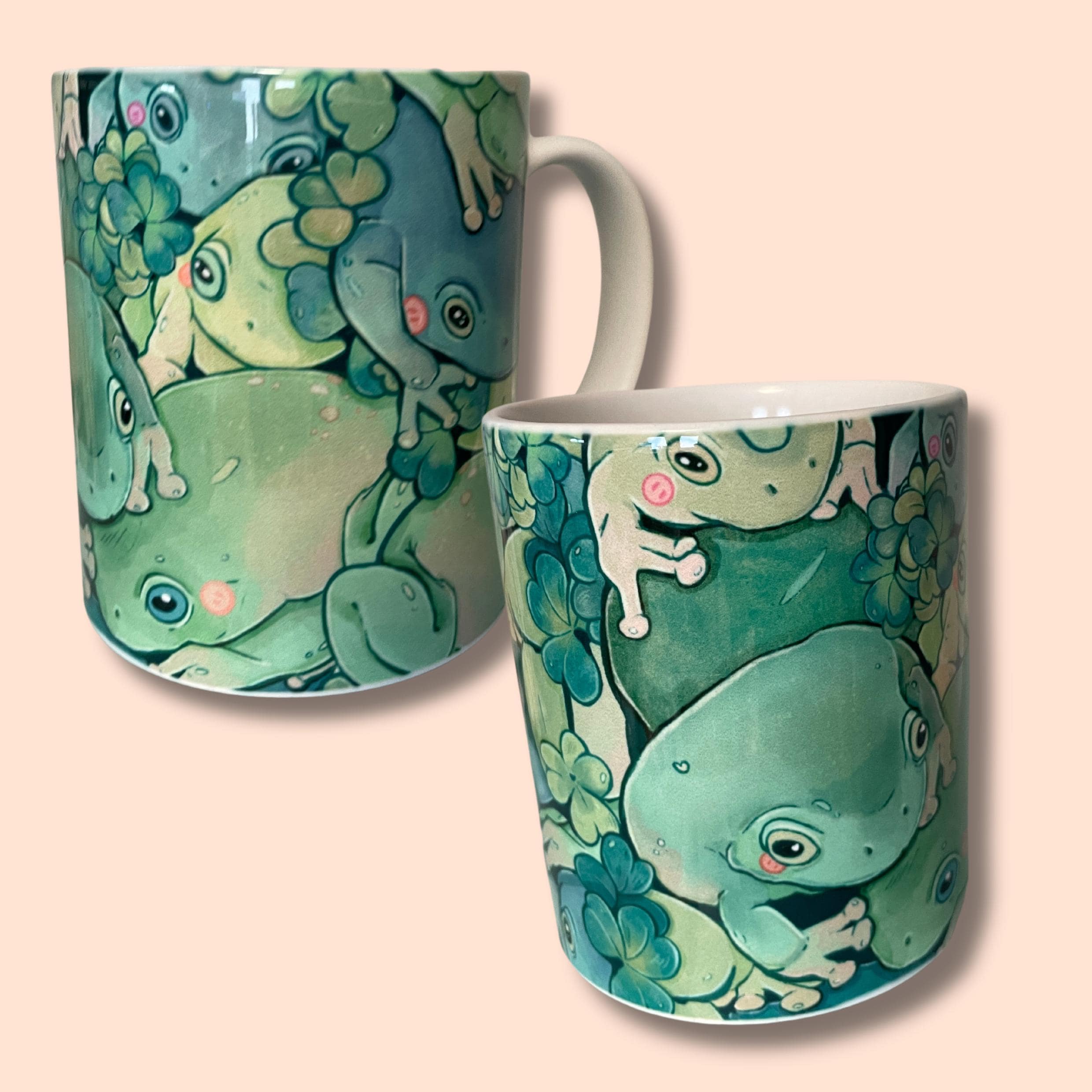 Coole Keramik-Tasse Mit 3D Frosch Als Henkel – Weiß Mit Grünen Pflanzen-Motiv, Spülmaschinengeeignet