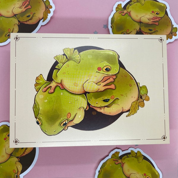 Cozy Frog Pile Art Print | Post Card Print | Cute Animal Card | Greeting Card | Postcard Art | Frogs Artprint | A6 Size