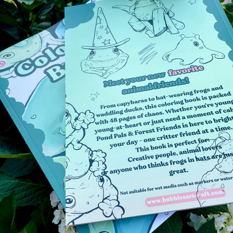 May include: A coloring book with a light blue cover featuring the text "Color B" and illustrations of whimsical animals. The book's title is "Meet your new favorite animal friends!" and includes text about the book's contents and a website address.