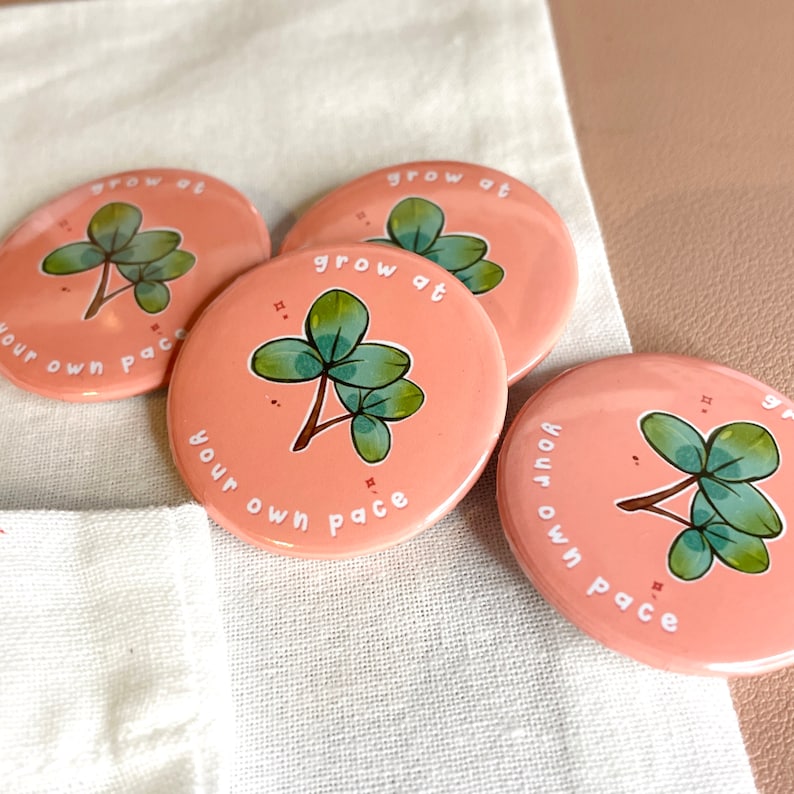 Self Growth Button Pin Affirmation Pin Badge Positive Pin Badge Pins for Mental Health 37mm Handmade Self Love Clover Plant Pin image 2