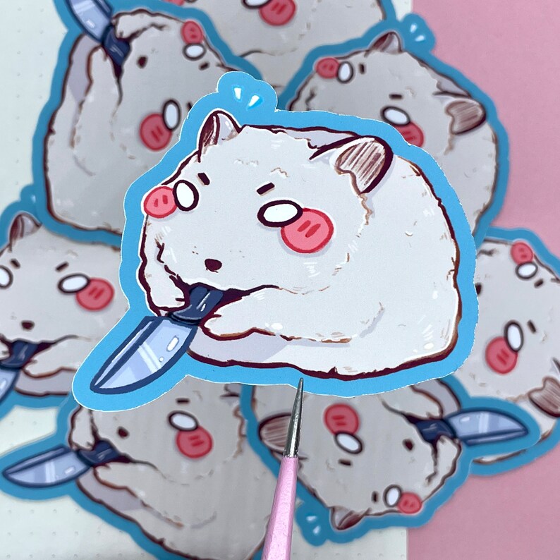 May include: A set of five stickers featuring a white hamster holding a knife. The hamster is depicted in a variety of poses, including holding the knife in its mouth, holding the knife in its paw, and holding the knife in both paws. The stickers are all on a white background.