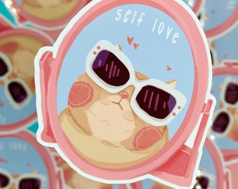 Self Love Sticker | Cat Illustration | Cat Sticker | Mental Health | Waterproof | Vinyl Decal | Scrapbooking | Laptop Sticker | Holo Glitter
