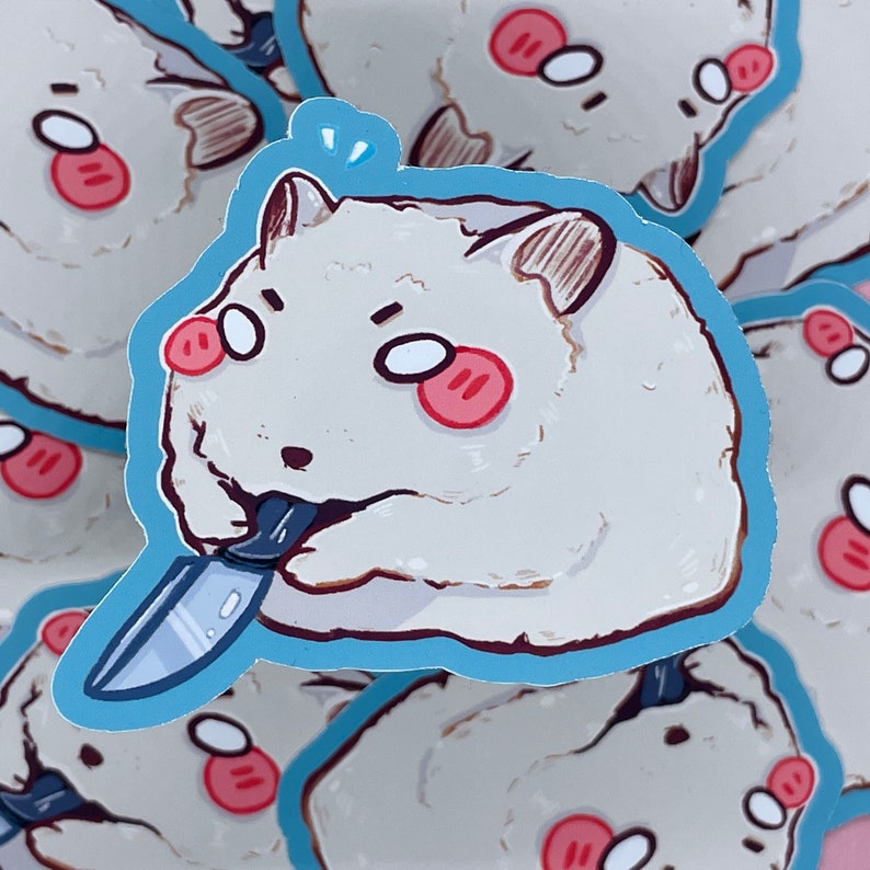 May include: A white fluffy cartoon hamster with red cheeks holds a silver knife in its paws. The hamster is on a blue background with a white border.