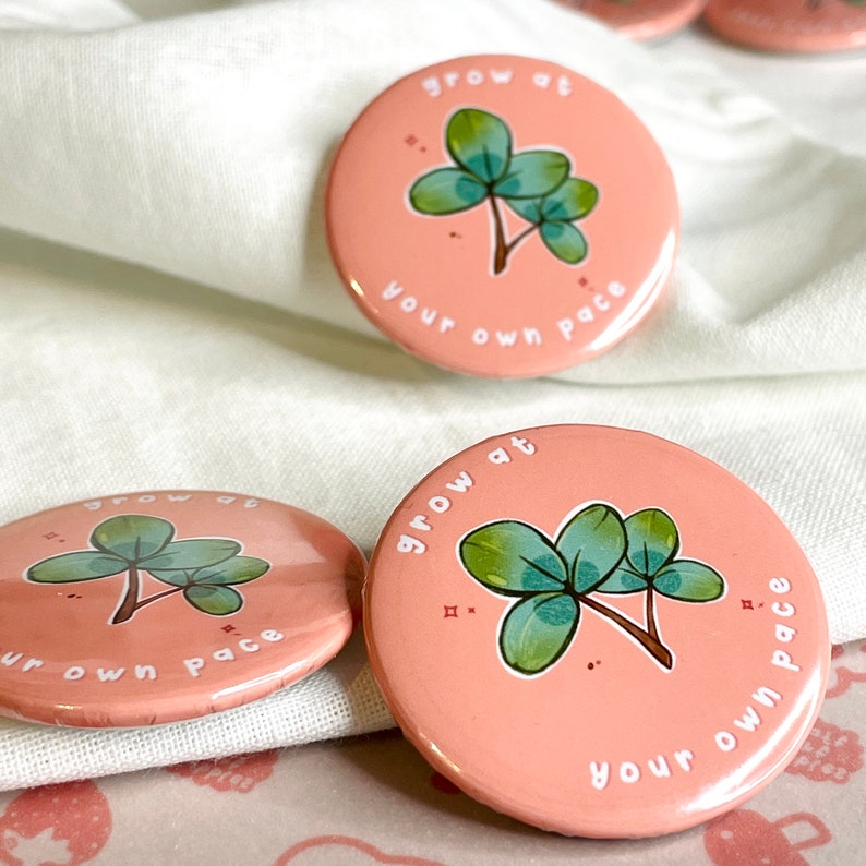 Self Growth Button Pin Affirmation Pin Badge Positive Pin Badge Pins for Mental Health 37mm Handmade Self Love Clover Plant Pin image 3
