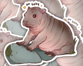 Adorable Hippo Sticker, Durable Laptop Vinyl Hippopotamus Sticker Deco Stickers, Cute Calf , Am Baby Meme