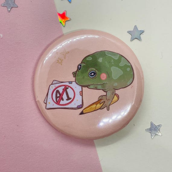 No AI Frog Button Pin, Support Human Artists, Cute Frog Protest Brooch, Pin Back Button for Amphibian Lover, Artist Gift Metal Animal Badge