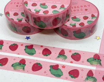 Bande Washi de grenouille aux fraises | Bande mignonne de Washi de grenouille | Scrapbooking | Journalisation | Papier de riz | Papeterie Kawaii | 15 mm x 10 m |