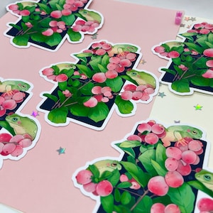 Puede incluir: Conjunto de pegatinas con ranas verdes posadas en ramas con bayas rosas y hojas verdes. Las pegatinas tienen un borde negro y est&aacute;n dispuestas sobre un fondo rosa y crema con confeti en forma de estrella.