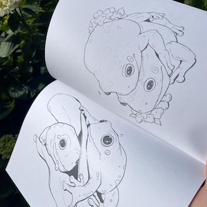 May include: An open book displaying detailed black and white illustrations of frogs. The drawings depict frogs in various poses, with one illustration showing two frogs embracing and another showing three frogs on a leaf.