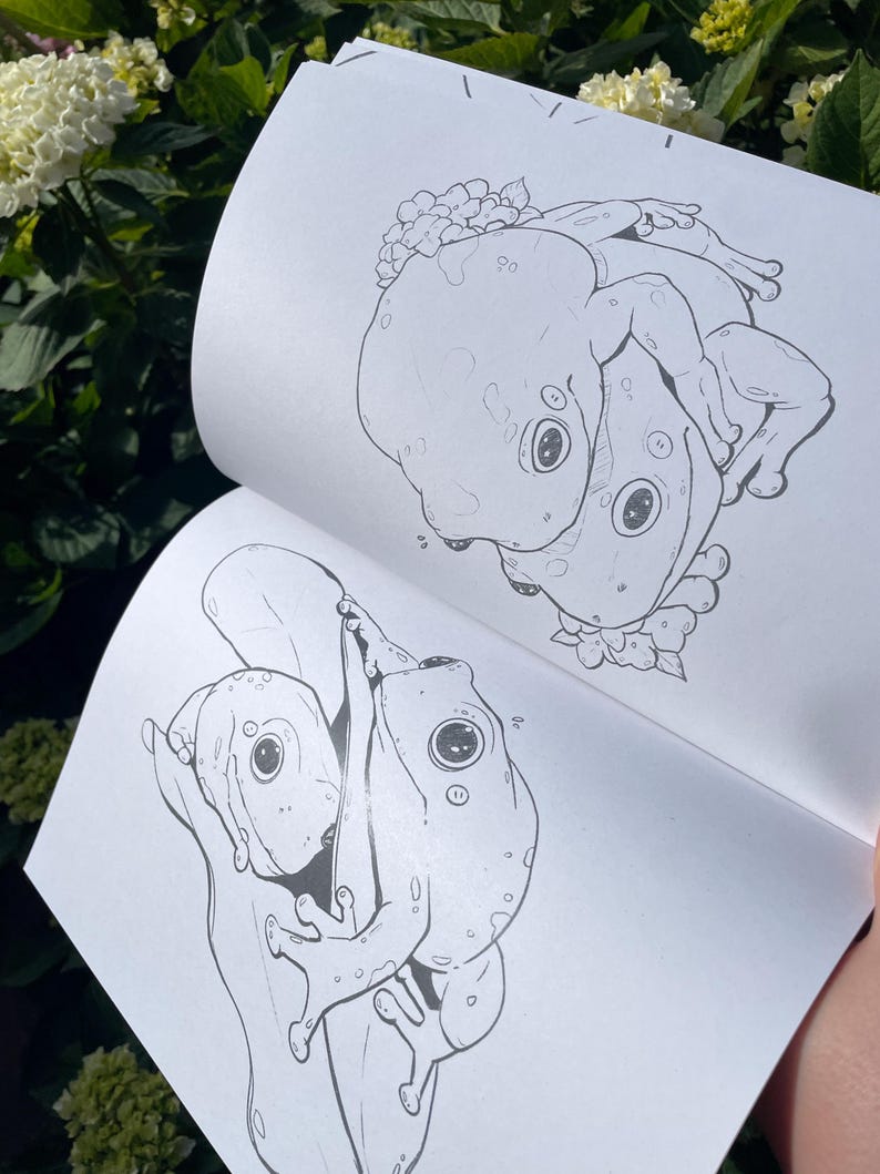 May include: An open book displaying detailed black and white illustrations of frogs. The drawings depict frogs in various poses, with one illustration showing two frogs embracing and another showing three frogs on a leaf.