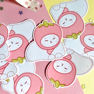 Adesivo gatto fragola / Adesivo gatto / Adesivo kawaii / Impermeabile / Decalcomania / Scrapbooking / Adesivo per laptop / Adesivo glitterato / Estetico