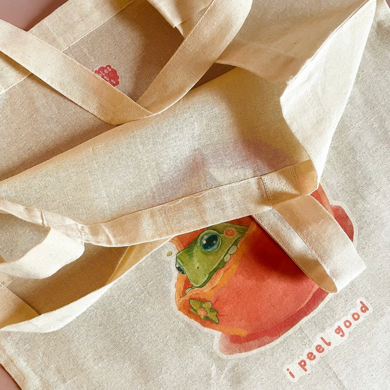 Frog Tote Bag I Peel Good Pun Heat Press Print 100% Cotton Grocery Bag Jute Bag Frog Toad Accessories Frog Lover Art Bag image 2