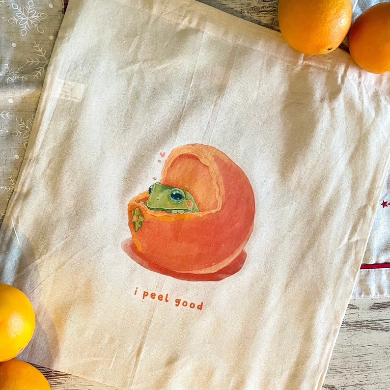 Frog Tote Bag I Peel Good Pun Heat Press Print 100% Cotton Grocery Bag Jute Bag Frog Toad Accessories Frog Lover Art Bag image 1