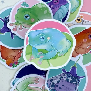 May include: A set of nine frog stickers with various colors and designs. The stickers feature frogs in different poses, including sitting, jumping, and swimming. Some stickers have a floral design, while others have a more abstract design.